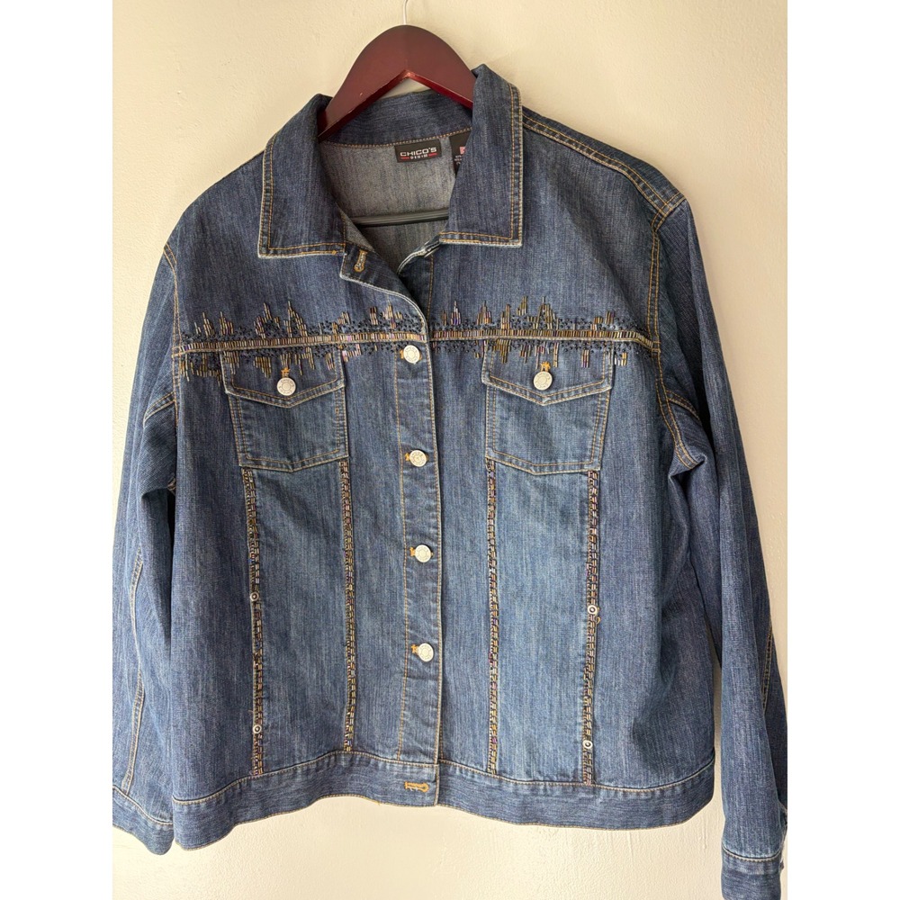 Chicos Denim Jacket Blue Beaded Skyline Detail Cotton Blend Size 3 Large XL